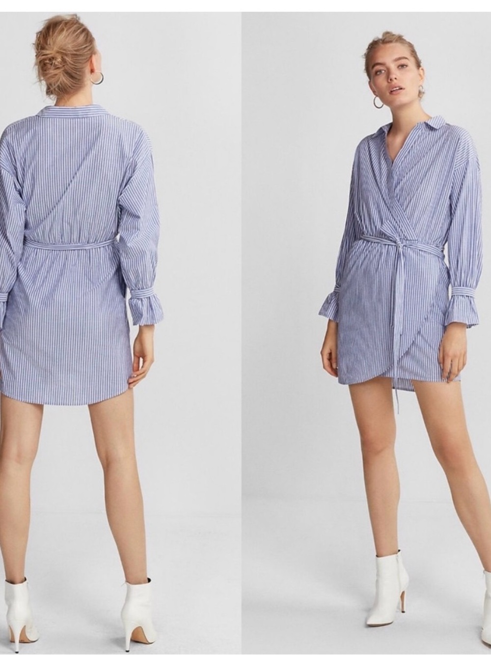 Express - S - Striped Wrap Shirt Dress in Blue and White
